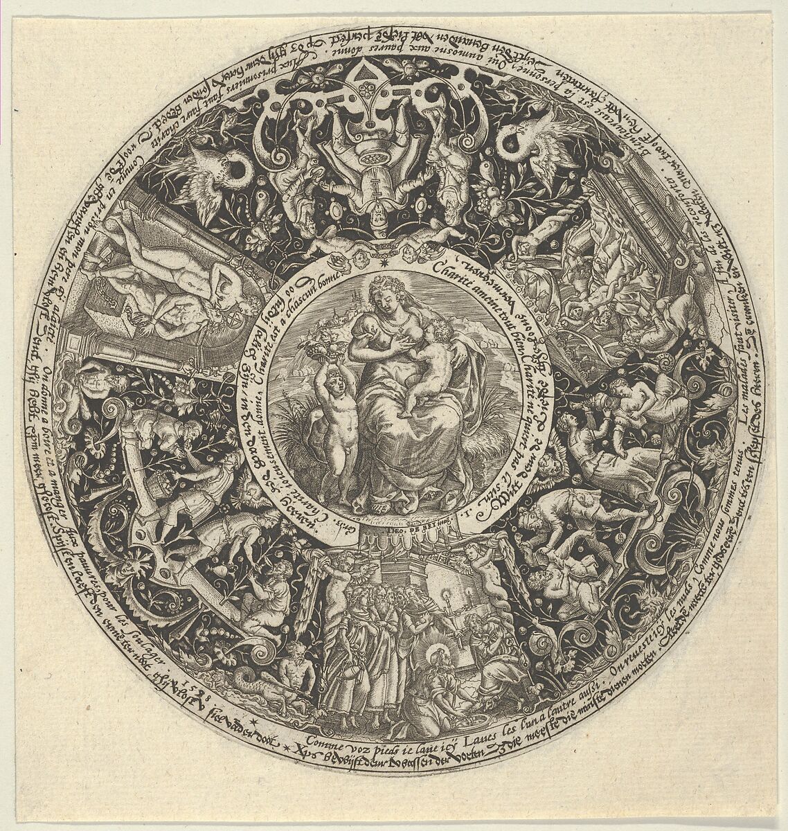 Charitas and the Acts of Charity, from a Series of Tazza Designs, Theodor de Bry (Netherlandish, Liège 1528–1598 Frankfurt), Engraving 