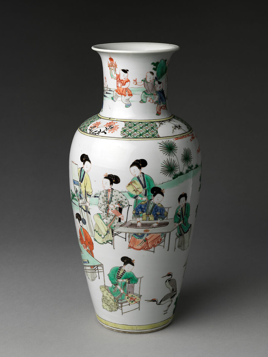 Vase with Women Enjoying Scholarly Pursuits, Porcelain painted with colored enamels over transparent glaze, and gilded (Jingdezhen ware), China