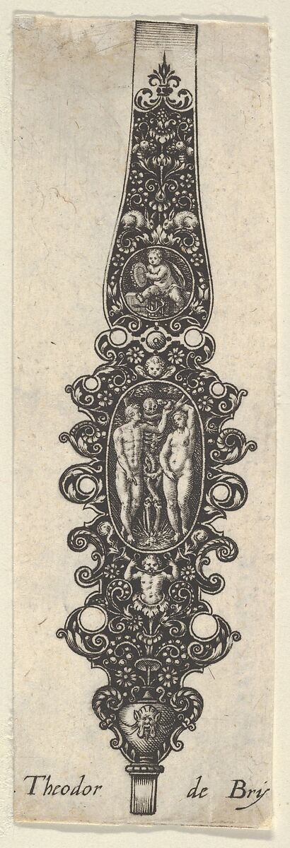 Pendant Design with Adam and Eve, from Des Pendants de Cleffs pour les Femmes, Johann Theodor de Bry (Netherlandish, Strasbourg 1561–1623 Bad Schwalbach), Engraving and blackwork 