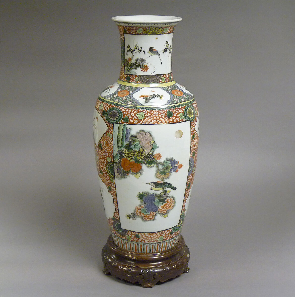 Vase decorated with flowers and birds, Porcelain painted with colored enamels over transparent glaze, and colored enamels over "fire-red” glaze (Jingdezhen ware), China