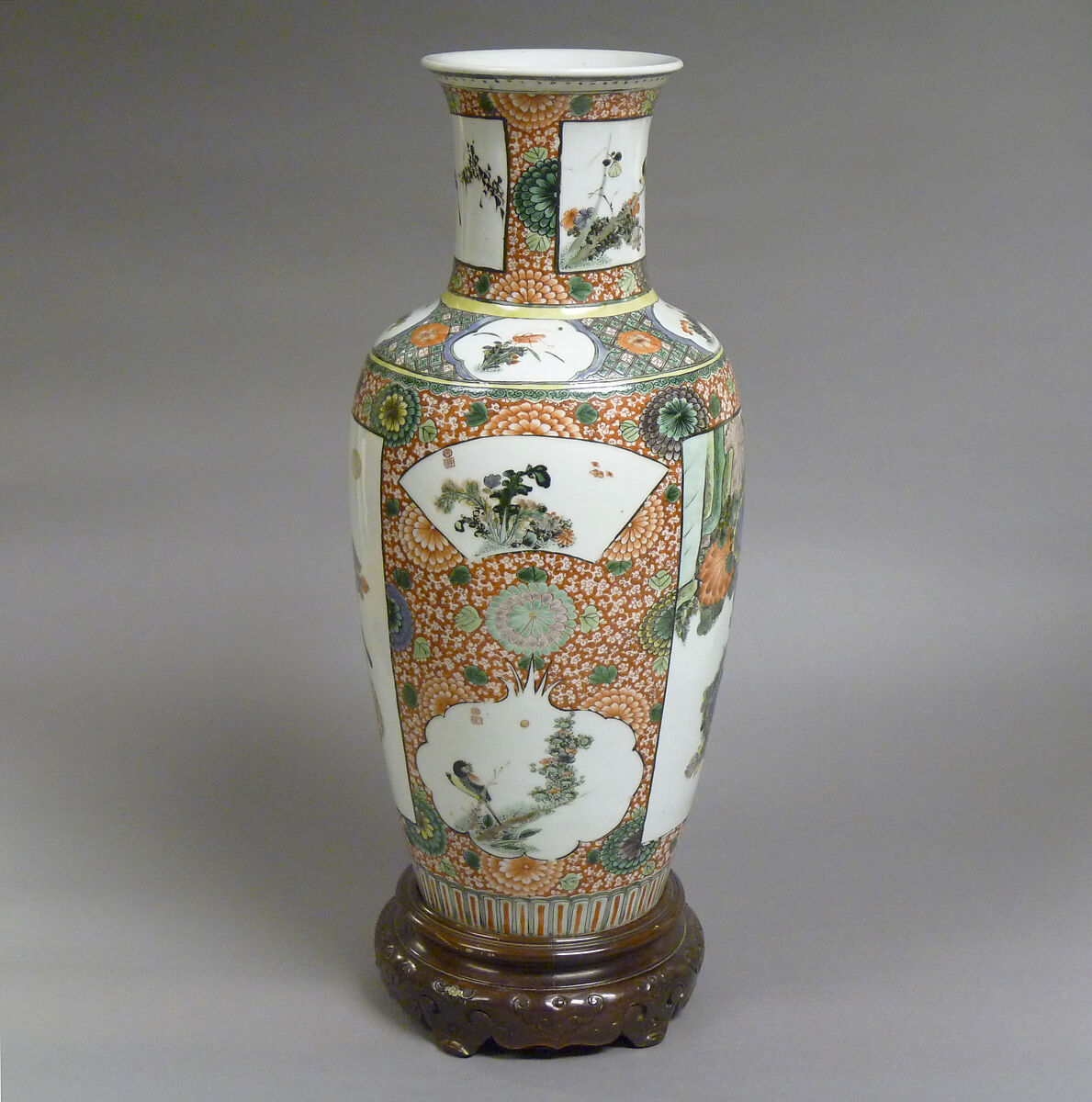 Vase decorated with flowers and birds, Porcelain painted with colored enamels over transparent glaze, and colored enamels over "fire-red” glaze (Jingdezhen ware), China