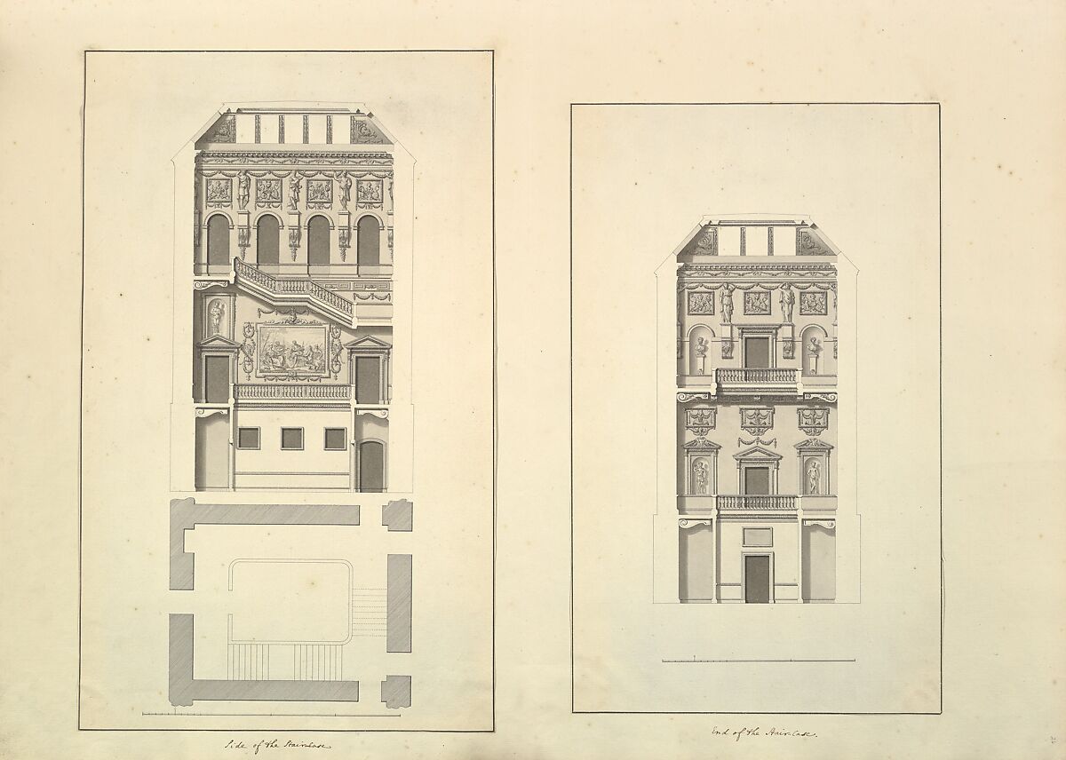 Leaf from Aedes Walpolianae mounted with two drawings (a): Side of the Staircase, Houghton Hall, Norfolk, Elevation; (b): End of Staircase, Houghton Hall, Norfolk, Isaac Ware (British, before 1704–1766 Hampstead), (a, b): pen and black ink, brush and gray wash 