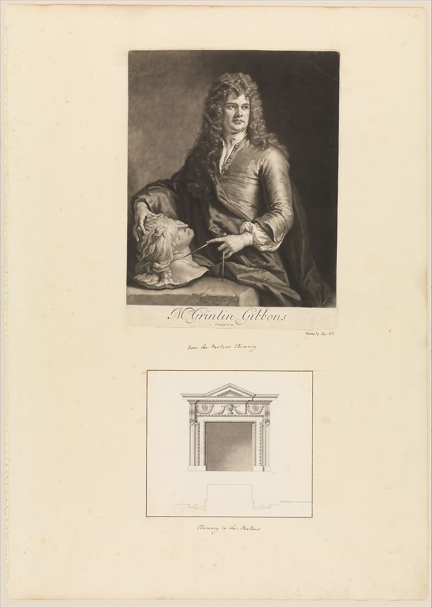 Leaf from Aedes Walpolianae mounted with a print and a drawing (a): Portrait of Grinling Gibbons; (b) Chimney to the Parlour, Houghton Hall, Norfolk, John Smith (British, Daventry 1652–1743 Northampton), Mezzotint (recto); pen and black ink, brush gray wash (verso)