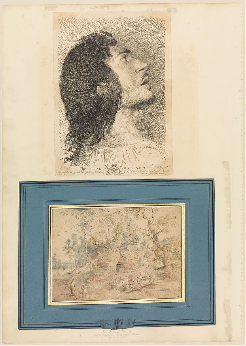 Leaf from Aedes Walpolianae mounted with a print and a drawing (a): Head in Profile of Prodigal Son; (b): The Wagonner (after Peter Paul Rubens) in Jean-Paul Mariette mount, Richard Earlom (British, London 1743–1822 London), (a): Engraving; (b): watercolor, graphite and black ink
