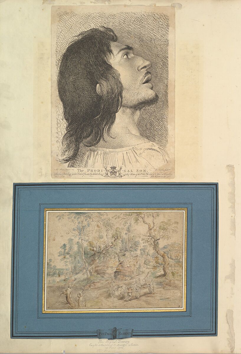 Leaf from Aedes Walpolianae mounted with a print and a drawing (a): Head in Profile of Prodigal Son; (b): The Wagonner (after Peter Paul Rubens) in Jean-Paul Mariette mount, Richard Earlom (British, London 1743–1822 London), (a): engraving; (b): watercolor, graphite and black ink 