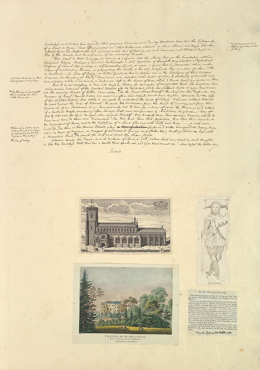 Leaf from Aedes Walpolinae mounted with a hand-written sheet, two prints and a printed sheet with drawn additions: (a): Sermon on Painting, continued; (b): St. Peter's Church at Walpole; (c): Chateau de Picton; (d): Monument of Eudo de Arsie; (e) Printed text describing Monument of Eudo de Arsie, Horace Walpole, 4th Earl of Orford (British, London 1717–1797 London), (a): pen and brown ink; (b): engraving; (c): etching hand-colored; (d) printed text with image 