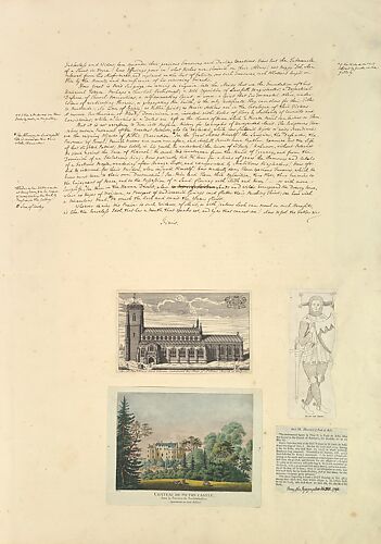 Leaf from Aedes Walpolinae mounted with a hand-written sheet, two prints and a printed sheet with drawn additions: (a): Sermon on Painting, continued; (b): St. Peter's Church at Walpole; (c): Chateau de Picton; (d): Monument of Eudo de Arsie; (e) Printed text describing Monument of Eudo de Arsie
