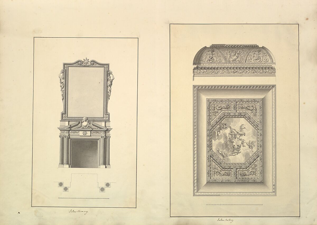 Leaf from Aedes Walpolianae mounted with two drawings: (a): Salon Chimney, Houghton Hall, Norfolk, Elevation; (b): Salon Ceiling, Houghton Hall, Norfolk, Isaac Ware (British, before 1704–1766 Hampstead), (a and b): pen and black ink, brush and gray wash 