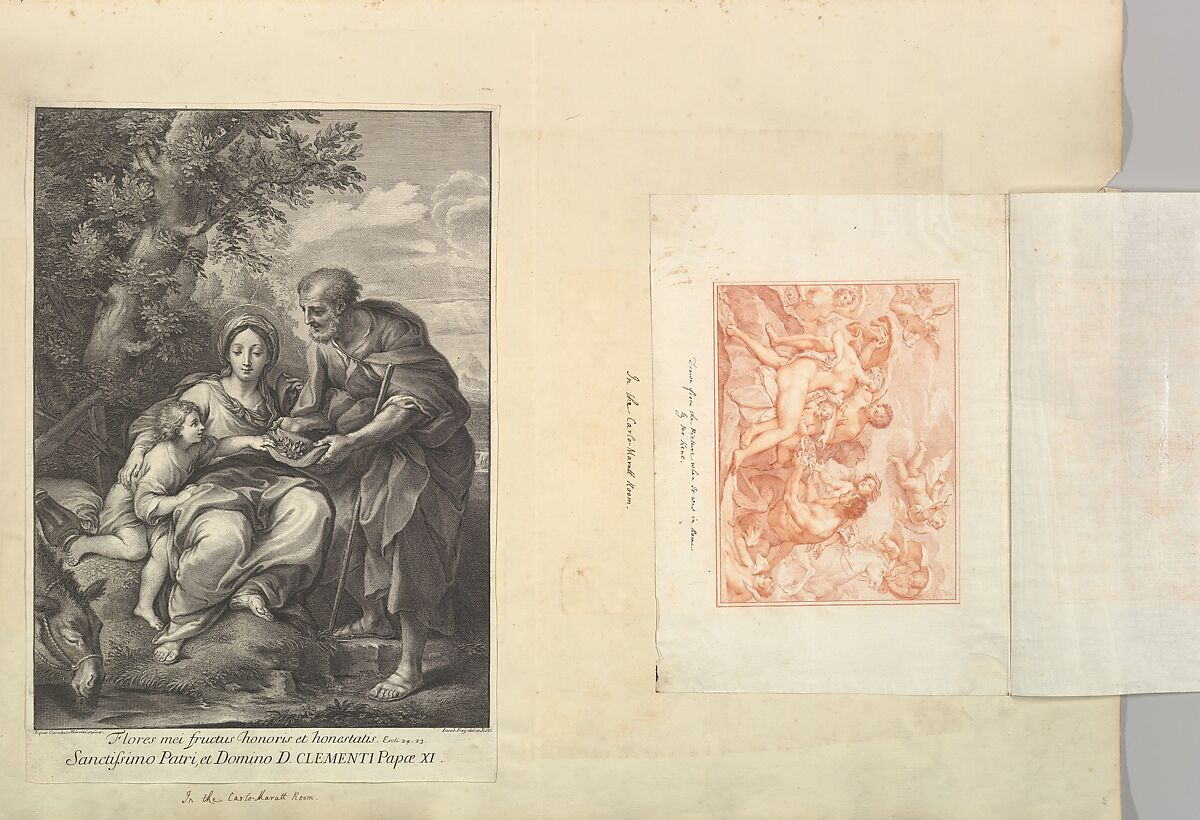 Leaf from Aedes Walpolianae mounted with a print and a drawing: (a): The Virgin and Joseph with the Young Jesus; (b): Acis and Galatea, Johann Jakob Frey the Elder (Swiss, active in Rome 1681–1752), (a): engraving and etching; (b): red chalk 