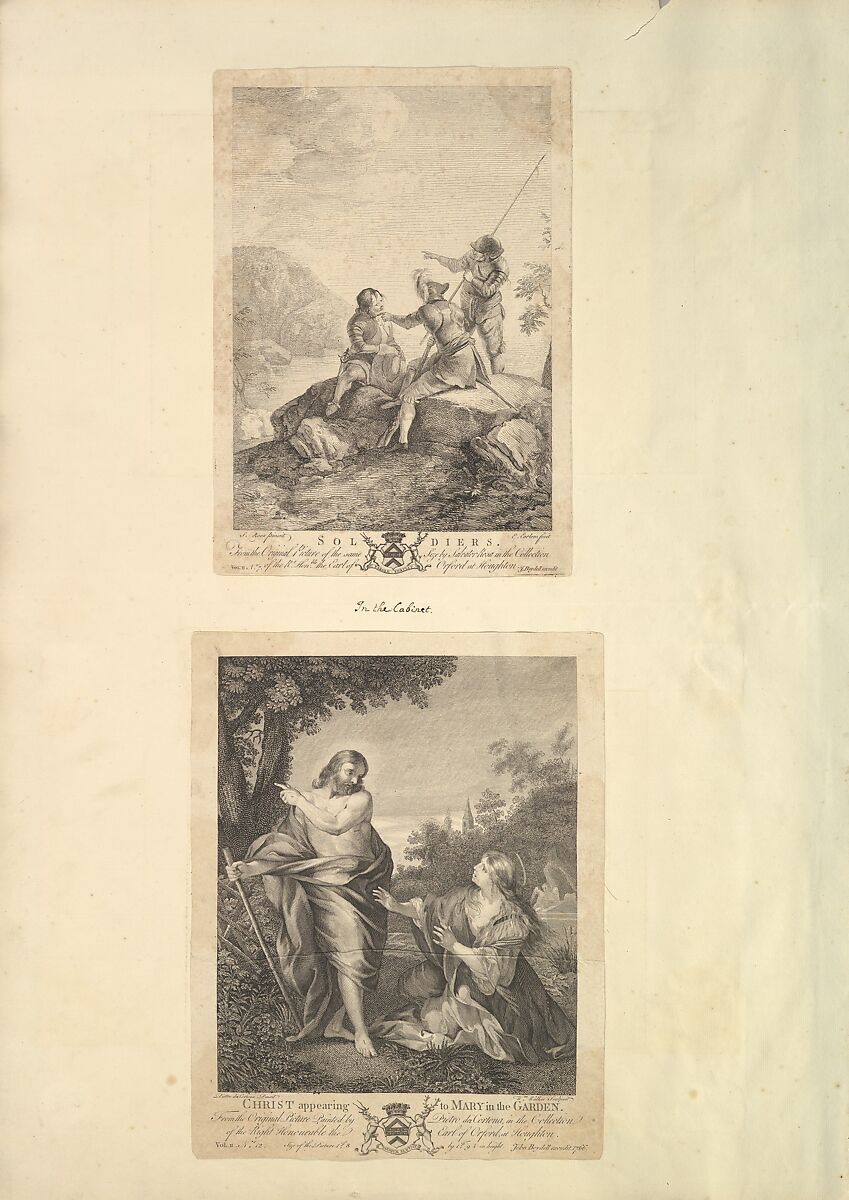 Leaf from Aedes Walpolianae mounted with two prints: (a): Three Soldiers; (b): Christ Appearing to Mary in the Garden, Richard Earlom (British, London 1743–1822 London), (a, b): engraving 