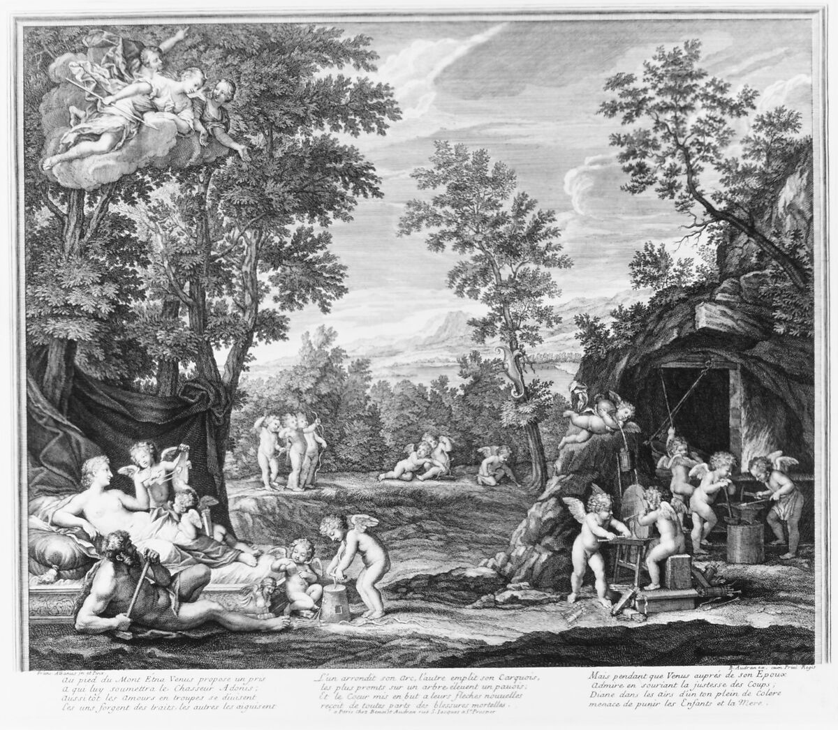 Leaf from Aedes Walpolianae mounted with two prints: (a): The Loves of Venus and Adonis; (b): The Loves of Venus and Adonis, Benoit Audran the Elder (French, Lyon 1661–1721 Paris), (a, b): engraving and etching 