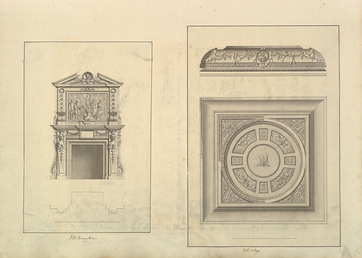 Leaf from Aedes Walpolianae mounted with two drawings: (a): Hall Chimney-Piece, Houghton Hall, Norfolk; (b): Hall Ceiling, Houghton Hall, Norfolk, Isaac Ware (British, before 1704–1766 Hampstead), (a,b): pen and black ink, brush and gray wash 