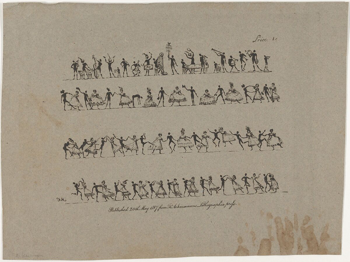 Four Rows of Musicians and Dancers, Rudolph Ackermann, London (British, active 1794–1832), Lithograph on brown paper 