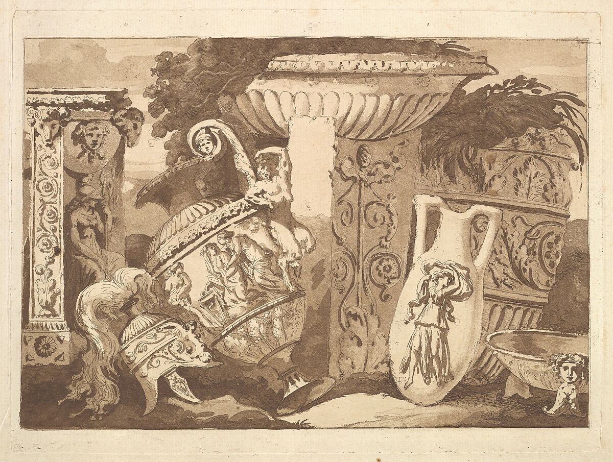 Composition with the Antique Fragments and a Leaning Vase, from Recueil de Compositions par Lagrenée Le Jeune (Collection of Compositions by Lagrenée the Younger), Jean Jacques Lagrenée (French, Paris 1739–1821 Paris), Etching and aquatint 