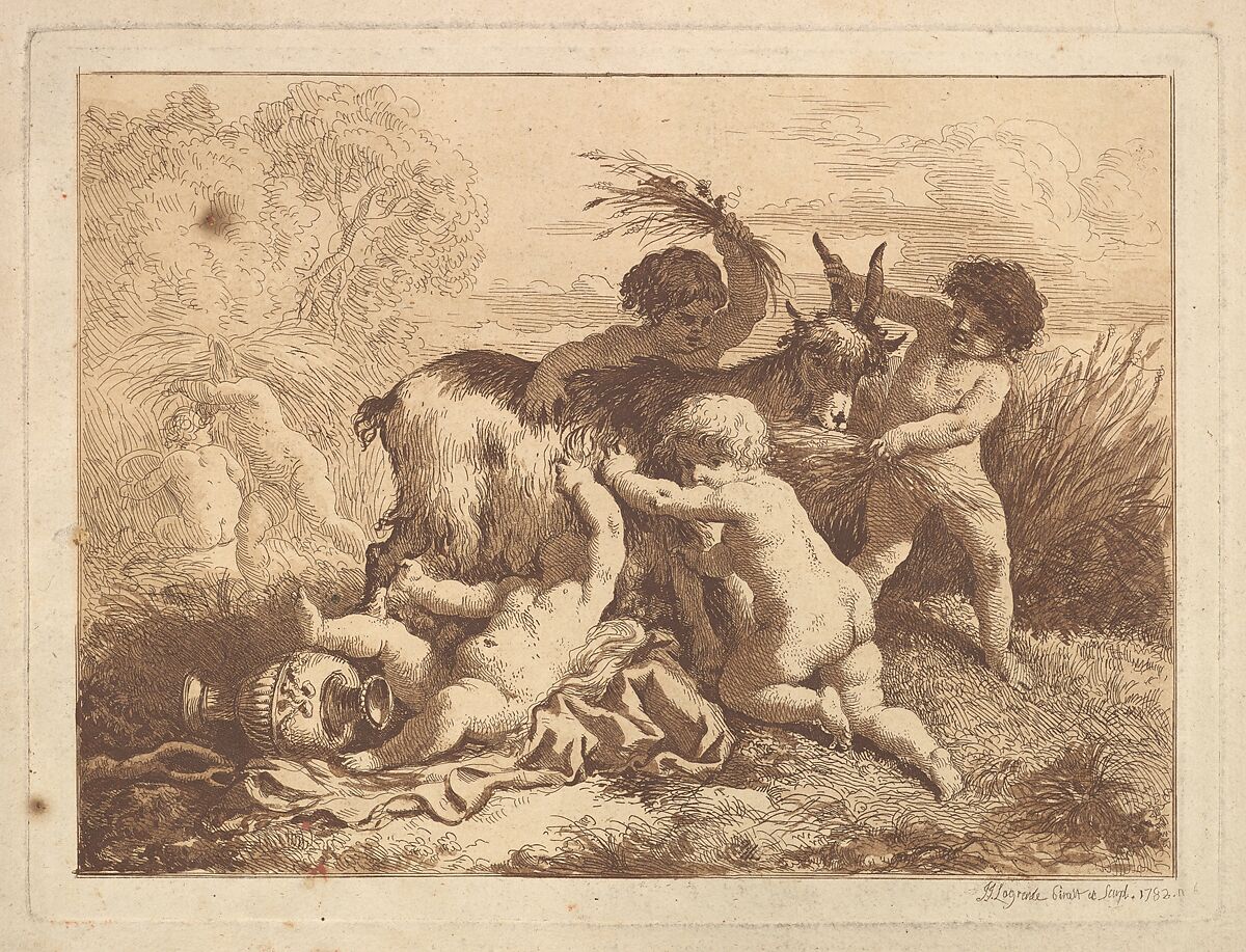 Les petits moissonneurs et la chevre (The Young Harvesters and the Goat), in an album containing Recueil de Compositions par Lagrenée Le Jeune (Collection of Compositions by Lagrenée the Younger), Jean Jacques Lagrenée (French, Paris 1739–1821 Paris), Etching and aquatint; second state of two (Baudicour) 