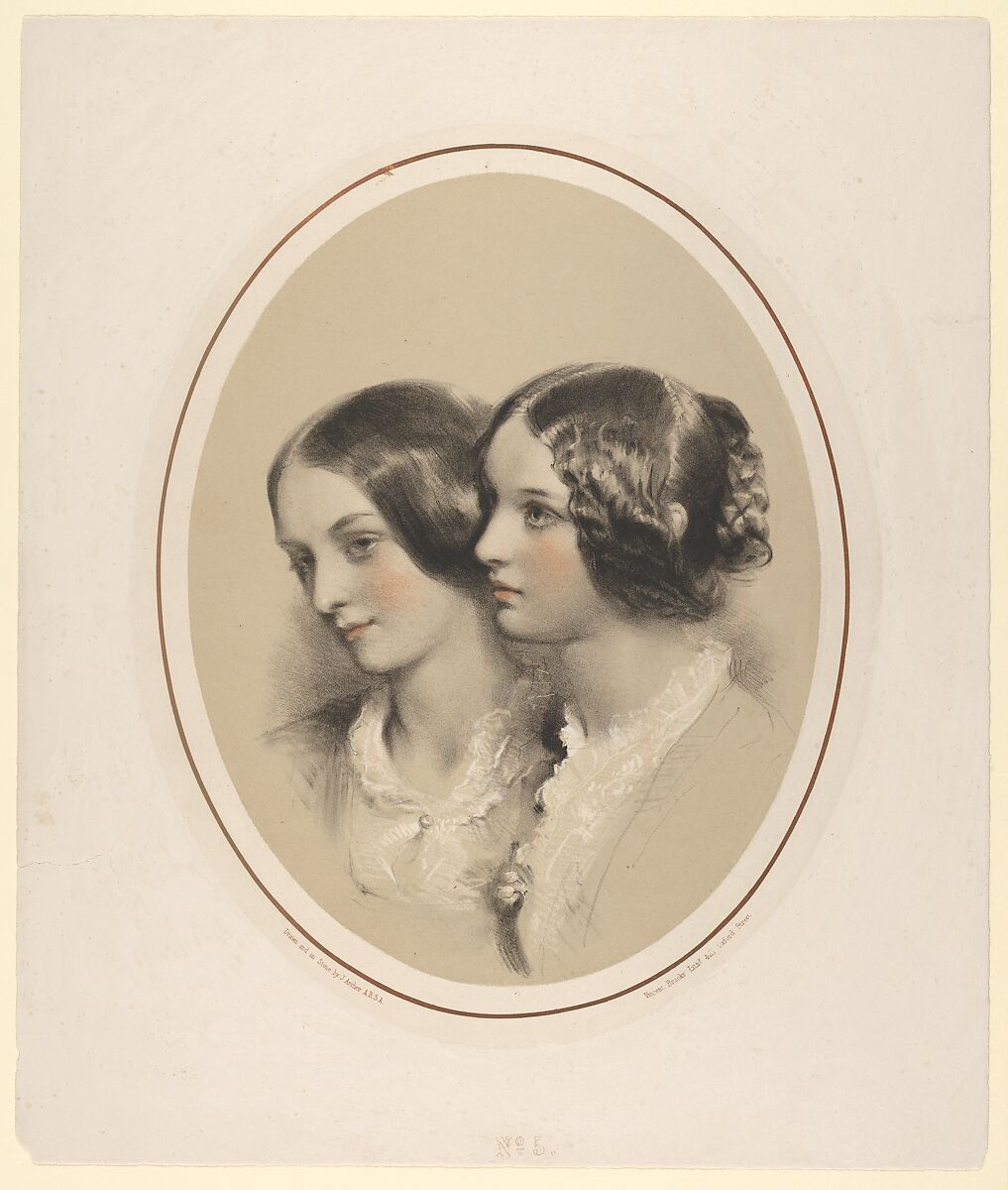 Portrait Busts of Two Women, James Archer (British, Edinburgh, Scotland 1823–1904 Halsemere, Surrey), Color lithograph with tint stone 