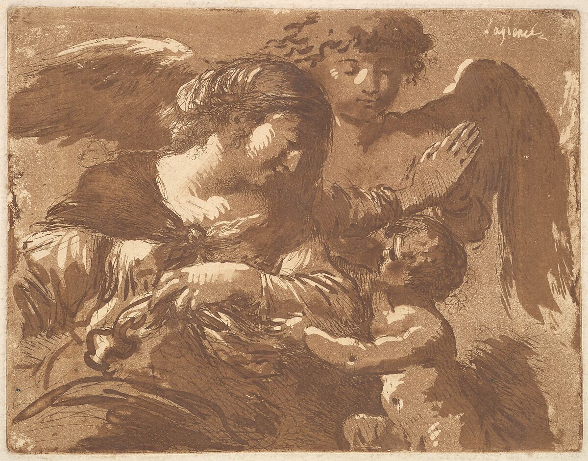 L'ange gardien (The Guardian Angel), in an album containing Recueil de Compositions par Lagrenée Le Jeune (Collection of Compositions by Lagrenée the Younger), Jean Jacques Lagrenée (French, Paris 1739–1821 Paris), Etching and aquatint; second state of two (Baudicour) 