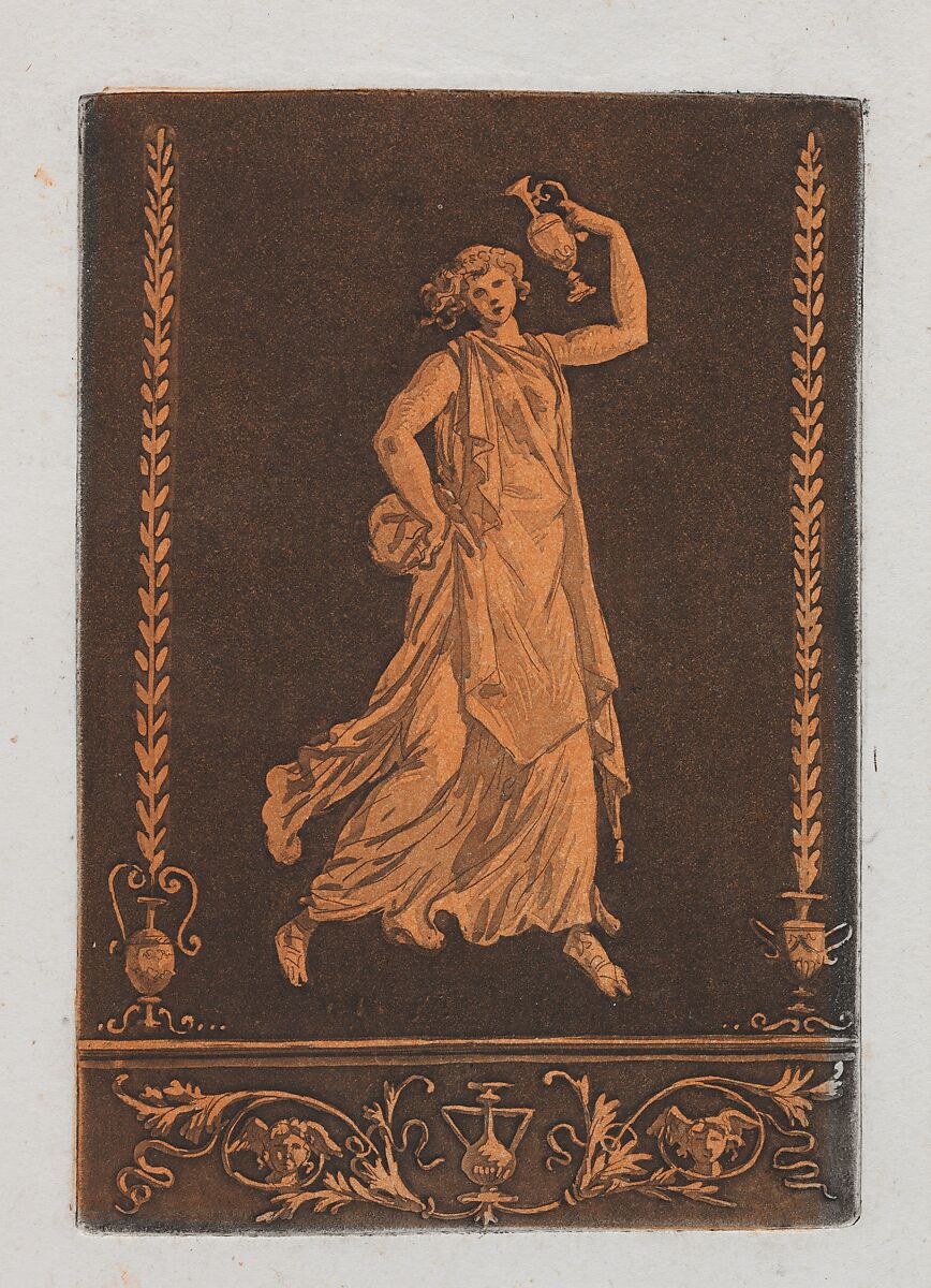 Jeune femme drapée, marchant de gauche à droit, portant un vase de métal (Young draped woman, walking from left to right, carrying a metal vase in the style of red-figure vase painting), most likely from Recueil de Différentes Compositions Frises et Ornements dessinées et gravées à la manière du lavis par La Grenée le Juene Se trouve chez l'Auteur, au Louvre et chez Basan, rue et Hôtel Serpente A Paris, in an album containing Recueil de Compositions par Lagrenée Le Jeune (Collection of Compositions by Lagrenée the Younger), Jean Jacques Lagrenée (French, Paris 1739–1821 Paris), Etching and aquatint, printed in red and black ink