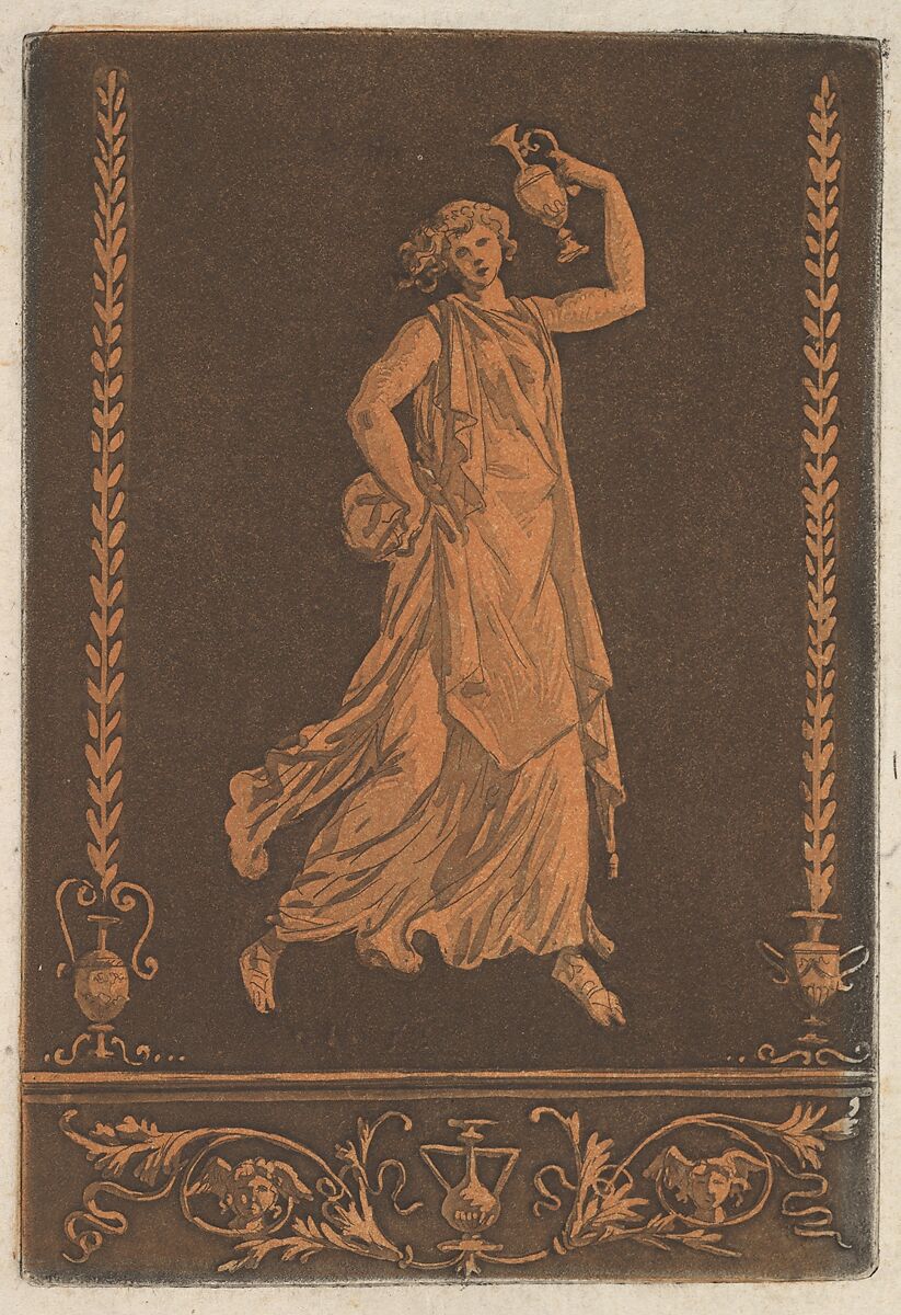 Jeune femme drapée, marchant de gauche à droit, portant un vase de métal (Young draped woman, walking from left to right, carrying a metal vase in the style of red-figure vase painting), most likely from Recueil de Différentes Compositions Frises et Ornements dessinées et gravées à la manière du lavis par La Grenée le Juene Se trouve chez l'Auteur, au Louvre et chez Basan, rue et Hôtel Serpente A Paris, in an album containing Recueil de Compositions par Lagrenée Le Jeune (Collection of Compositions by Lagrenée the Younger), Jean Jacques Lagrenée (French, Paris 1739–1821 Paris), Etching and aquatint, printed in red and black ink 