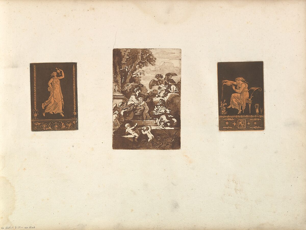 Jeune femme drapée, marchant de gauche à droit, portant un vase de métal (Young draped woman, walking from left to right, carrying a metal vase in the style of red-figure vase painting), most likely from Recueil de Différentes Compositions Frises et Ornements dessinées et gravées à la manière du lavis par La Grenée le Juene Se trouve chez l'Auteur, au Louvre et chez Basan, rue et Hôtel Serpente A Paris, in an album containing Recueil de Compositions par Lagrenée Le Jeune (Collection of Compositions by Lagrenée the Younger), Jean Jacques Lagrenée (French, Paris 1739–1821 Paris), Etching and aquatint, printed in red and black ink