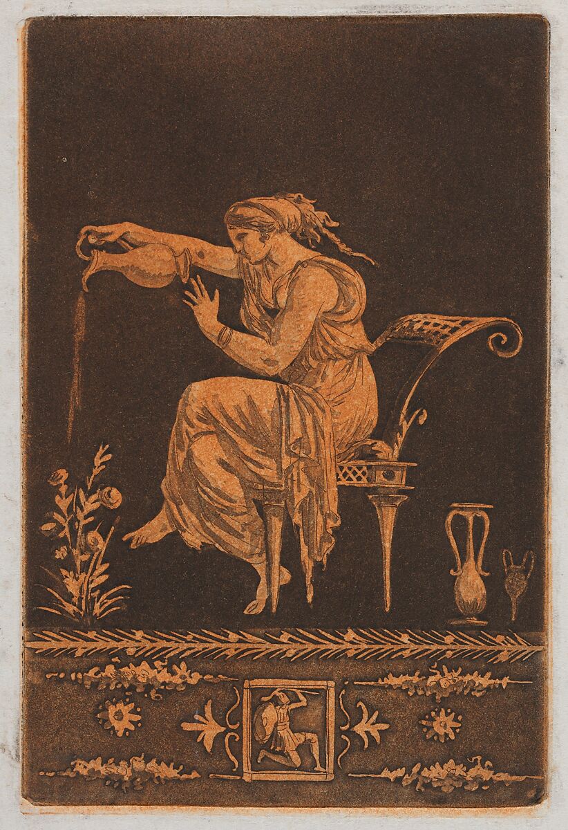 Jeune femme drapée, assise, arrosant une plante (Young draped woman, seated, watering a plant in the style of red-figure vase painting), most likely from Recueil de Différentes Compositions Frises et Ornements dessinées et gravées à la manière du lavis par La Grenée le Juene Se trouve chez l'Auteur, au Louvre et chez Basan, rue et Hôtel Serpente A Paris, in an album containing Recueil de Compositions par Lagrenée Le Jeune (Collection of Compositions by Lagrenée the Younger), Jean Jacques Lagrenée (French, Paris 1739–1821 Paris), Etching and aquatint, printed in red and black ink