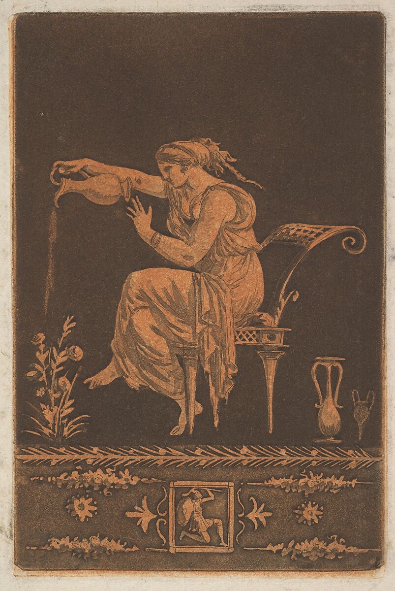 Jeune femme drapée, assise, arrosant une plante (Young draped woman, seated, watering a plant in the style of red-figure vase painting), most likely from Recueil de Différentes Compositions Frises et Ornements dessinées et gravées à la manière du lavis par La Grenée le Juene Se trouve chez l'Auteur, au Louvre et chez Basan, rue et Hôtel Serpente A Paris, in an album containing Recueil de Compositions par Lagrenée Le Jeune (Collection of Compositions by Lagrenée the Younger), Jean Jacques Lagrenée (French, Paris 1739–1821 Paris), Etching and aquatint, printed in red and black ink 