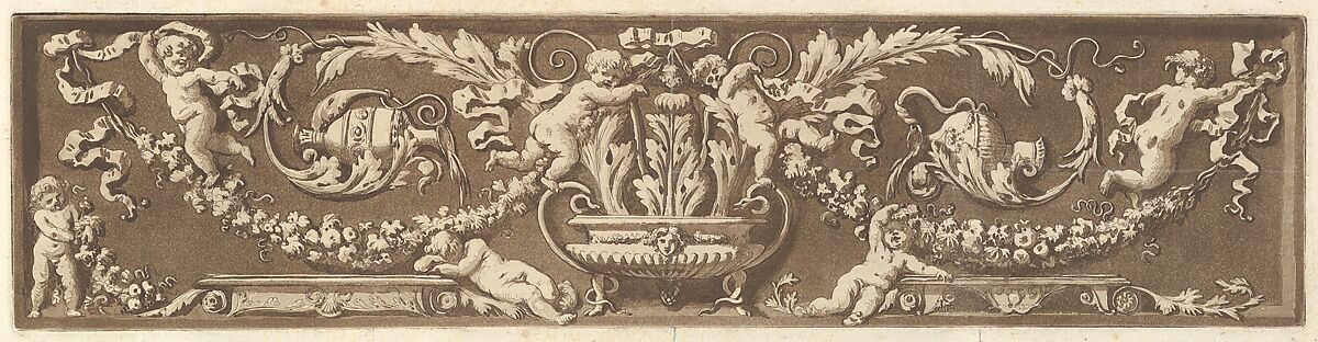 Ornamental frieze with putti, acanthus leaves, and garlands of fruit, from Recueil de Différentes Compositions Frises et Ornements dessinées et gravées à la manière du lavis par La Grenée le Juene Se trouve chez l'Auteur, au Louvre et chez Basan, rue et Hôtel Serpente A Paris, in an album containing Recueil de Compositions par Lagrenée Le Jeune (Collection of Compositions by Lagrenée the Younger), Jean Jacques Lagrenée (French, Paris 1739–1821 Paris), Etching and aquatint 