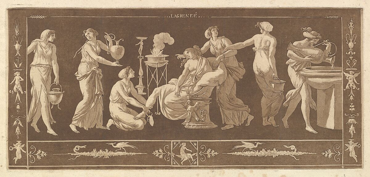 La Toilette de Vénus (The Toilet of Venus), from Recueil de Différentes Compositions Frises et Ornements dessinées et gravées à la manière du lavis par La Grenée le Juene Se trouve chez l'Auteur, au Louvre et chez Basan, rue et Hôtel Serpente A Paris, in an album containing Recueil de Compositions par Lagrenée Le Jeune (Collection of Compositions by Lagrenée the Younger), Jean Jacques Lagrenée (French, Paris 1739–1821 Paris), Etching and aquatint 