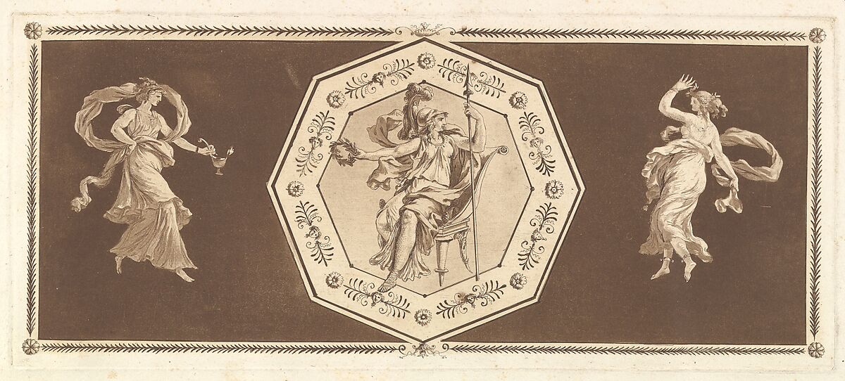 Minerve assisse dans un octagone décoratif, avec une figure à gauche et à doroite (la Nuit et le Jour?) (Minerva seated within an octagonal border, wth a figure at the right and at the left (Night and Day?), from Recueil de Différentes Compositions Frises et Ornements dessinées et gravées à la manière du lavis par La Grenée le Juene Se trouve chez l'Auteur, au Louvre et chez Basan, rue et Hôtel Serpente A Paris, in an album containing Recueil de Compositions par Lagrenée Le Jeune (Collection of Compositions by Lagrenée the Younger), Jean Jacques Lagrenée (French, Paris 1739–1821 Paris), Etching and aquatint 