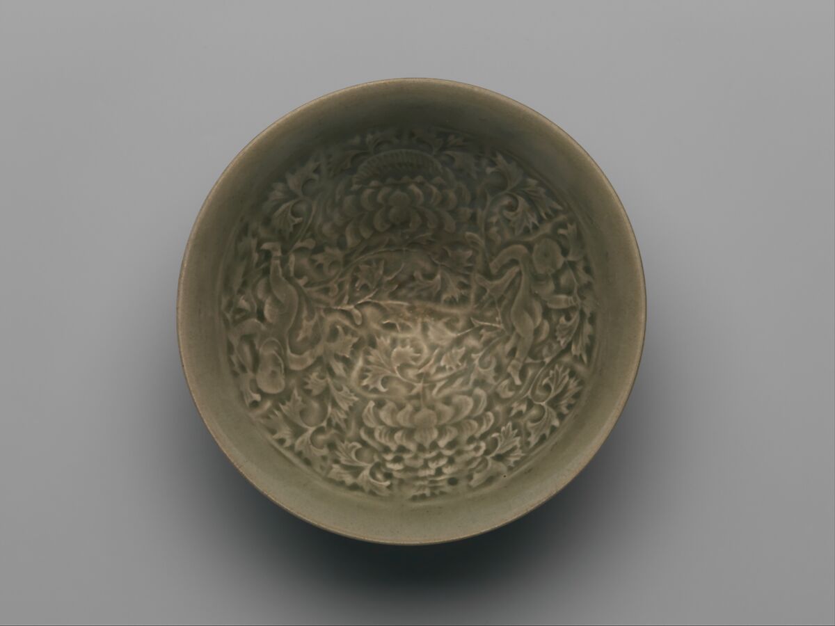 Bowl with Two Boys among Foliage, Stoneware with mold-impressed decoration under celadon glaze (Yaozhou ware), China 