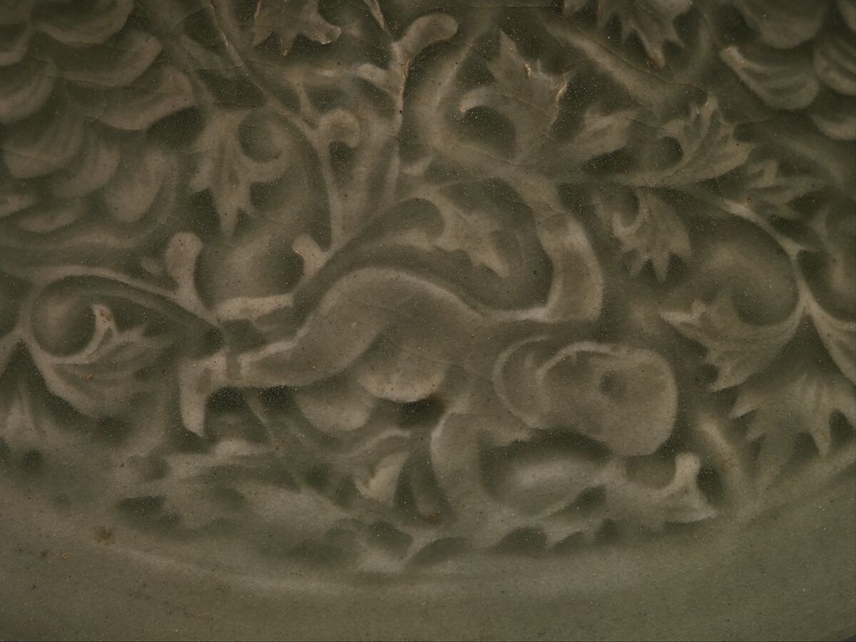 Bowl with Two Boys among Foliage, Stoneware with mold-impressed decoration under celadon glaze (Yaozhou ware), China