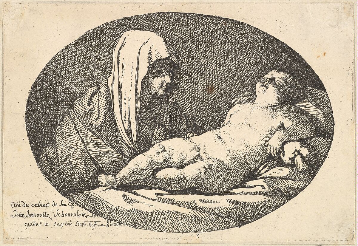 The Virgin at left watching the infant Christ as he sleeps, an oval composition, after Reni, Jean Jacques Lagrenée (French, Paris 1739–1821 Paris), Etching 
