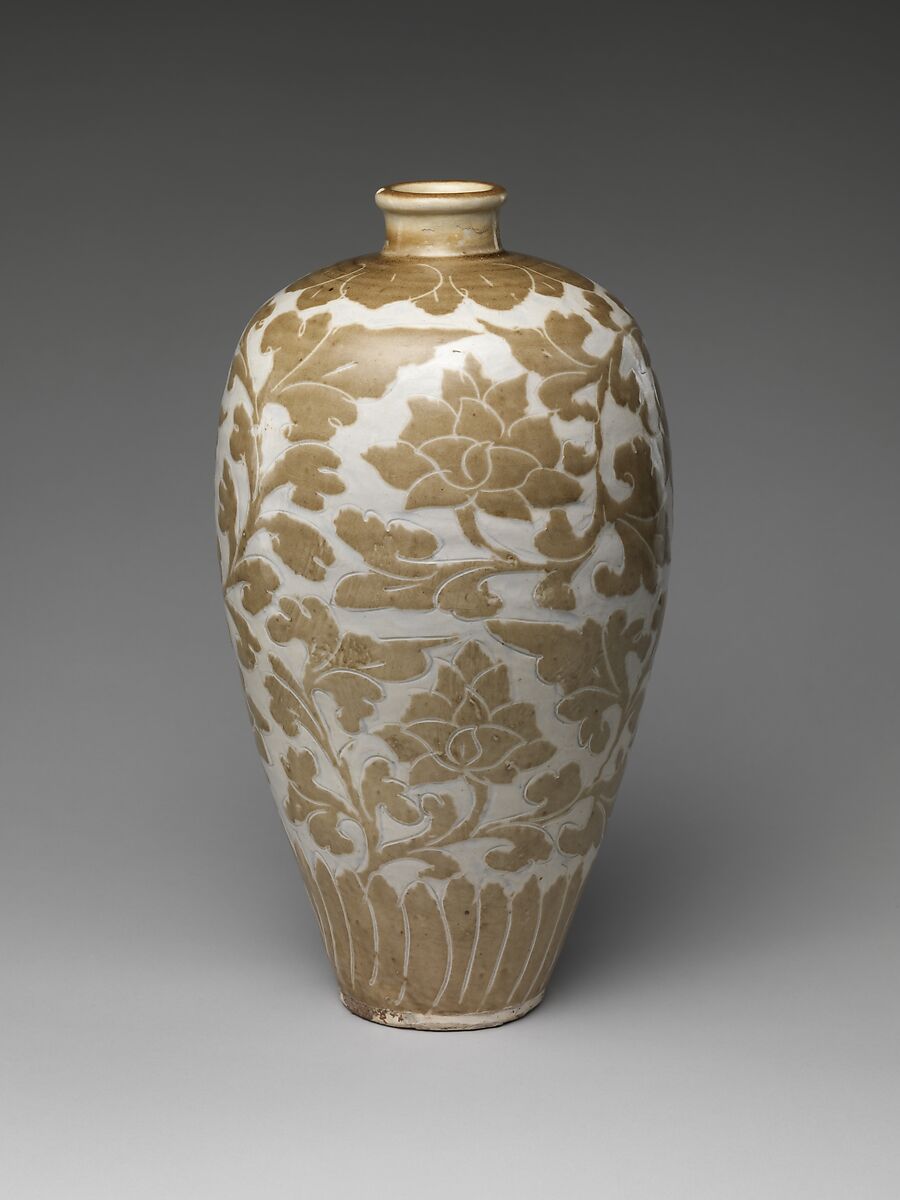 Vase with Peony  Scroll, Stoneware with cut-glaze decoration (Cizhou ware), China