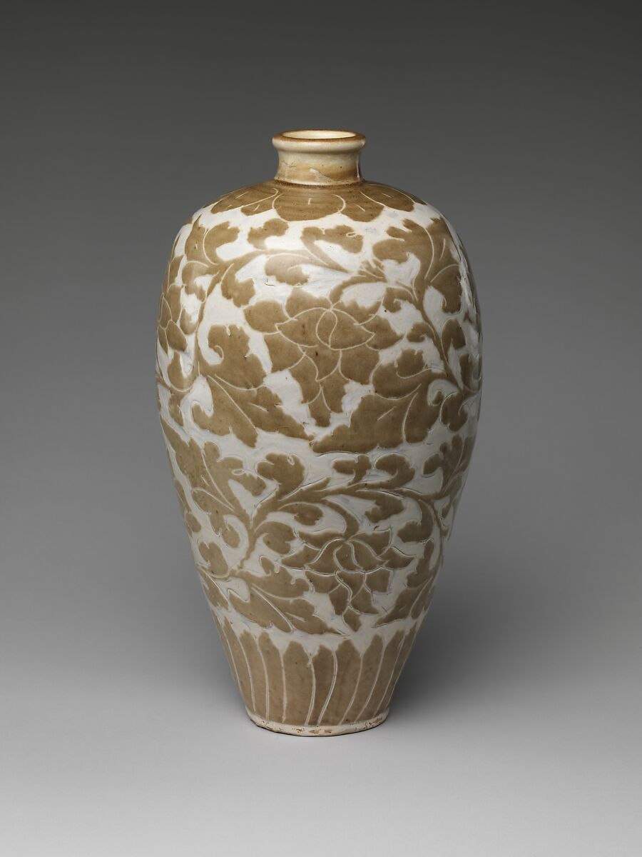 Vase with Peony  Scroll, Stoneware with cut-glaze decoration (Cizhou ware), China