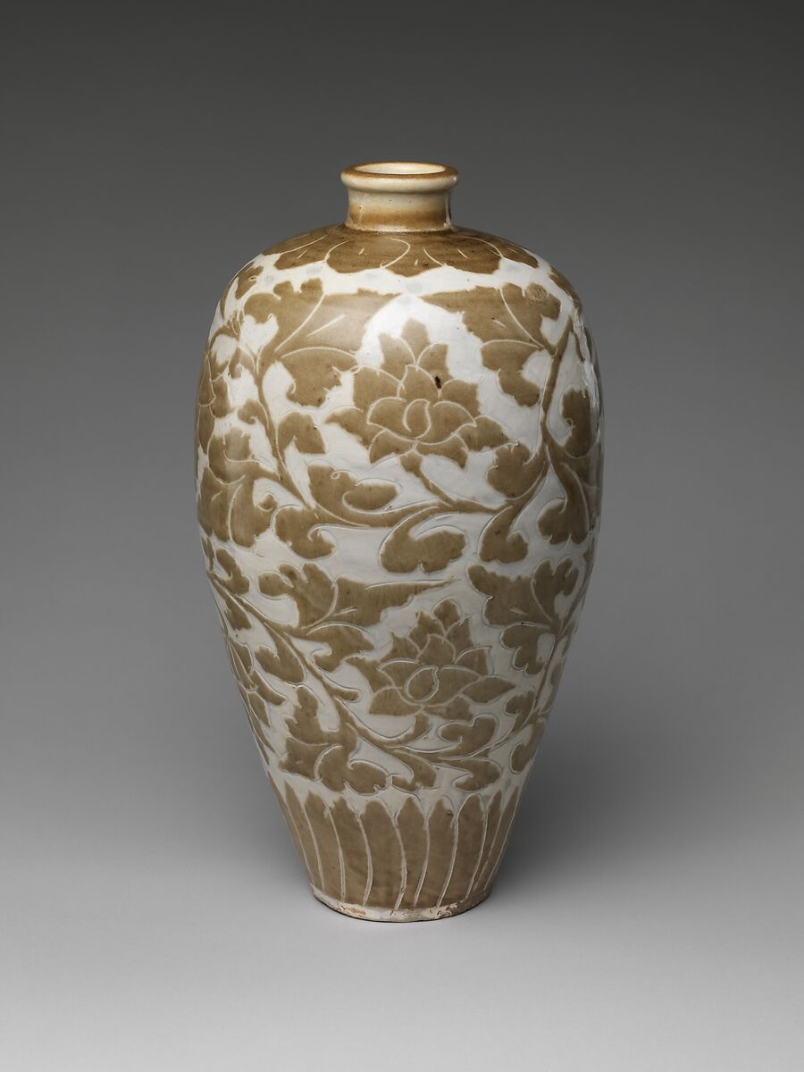 Vase with Peony  Scroll, Stoneware with cut-glaze decoration (Cizhou ware), China
