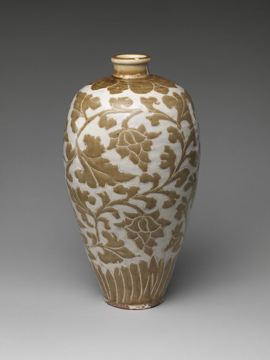 Vase with Peony  Scroll, Stoneware with cut-glaze decoration (Cizhou ware), China