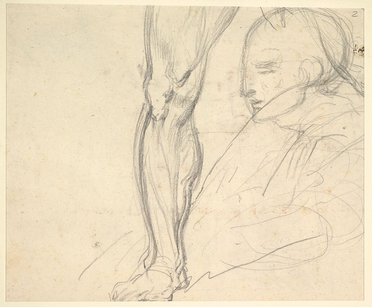 Compositional Study for "Comus–The Measure" (recto); Studies of a Man's Right Leg, after Titian, and a Profile, for "Comus–The Measure" (verso), George Richmond (British, Brompton 1809–1896 London), Black chalk