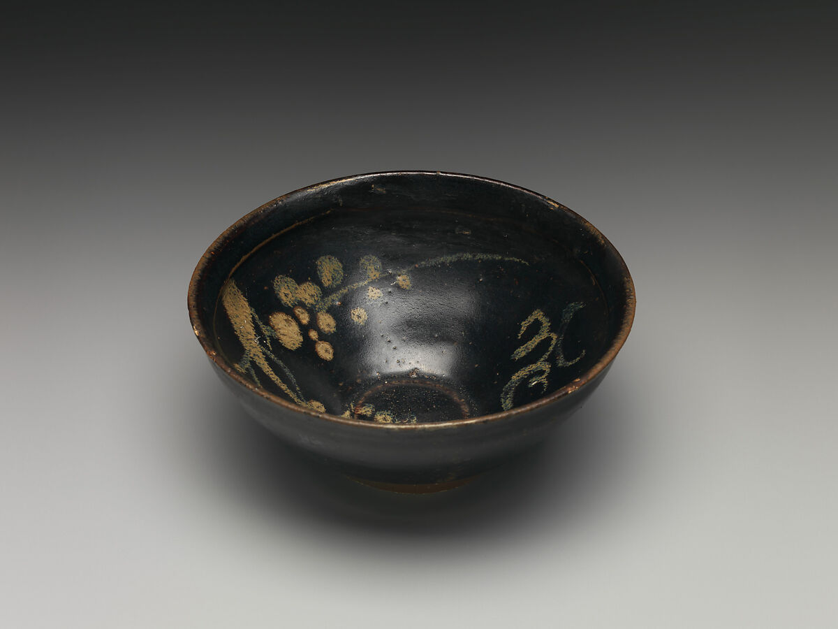 Tea Bowl with Crescent Moon, Clouds, and Blossoming Plum, Stoneware with black and brown glaze and pigment (Jizhou ware), China