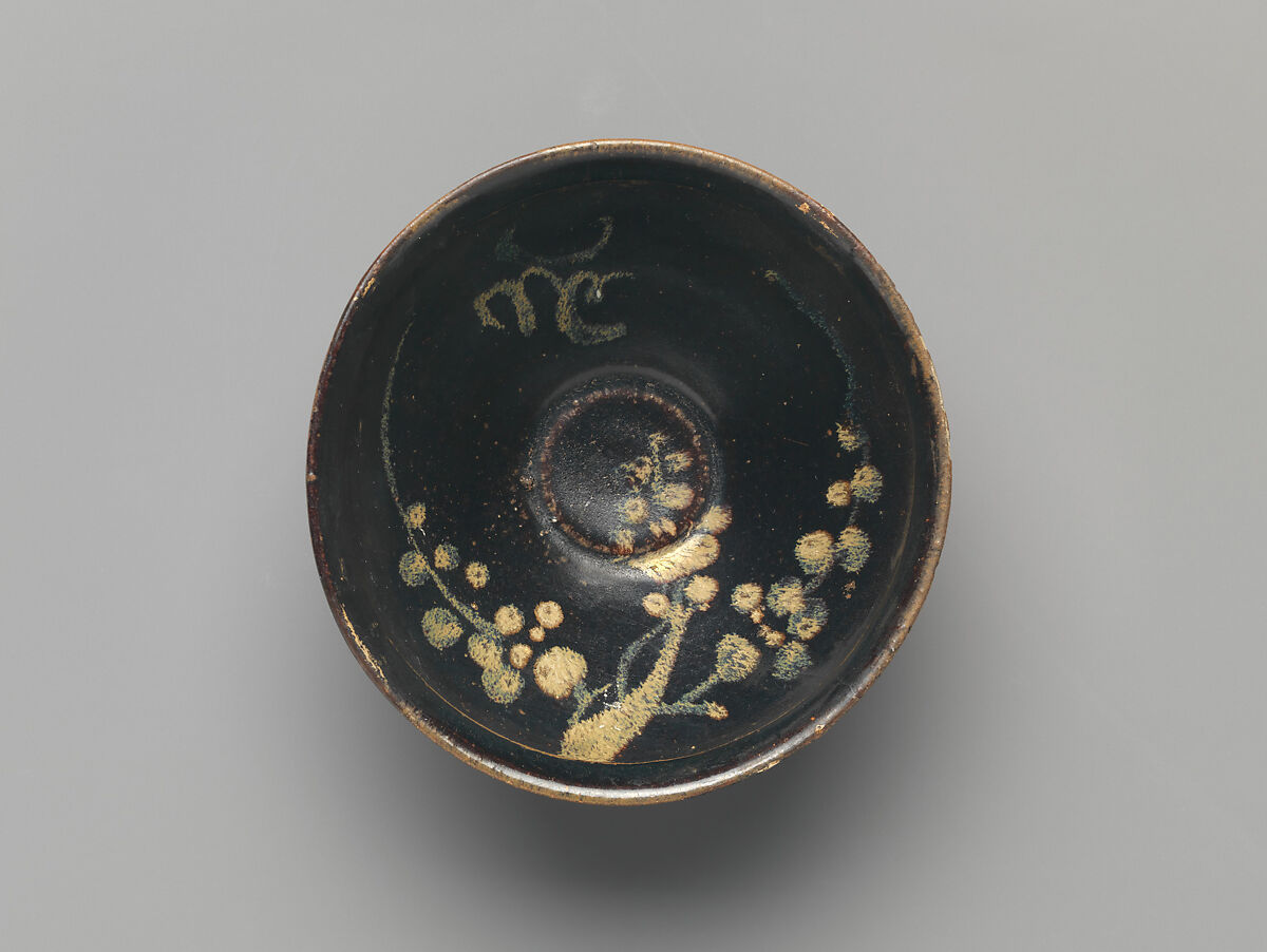 Tea Bowl with Crescent Moon, Clouds, and Blossoming Plum, Stoneware with black and brown glaze and pigment (Jizhou ware), China 