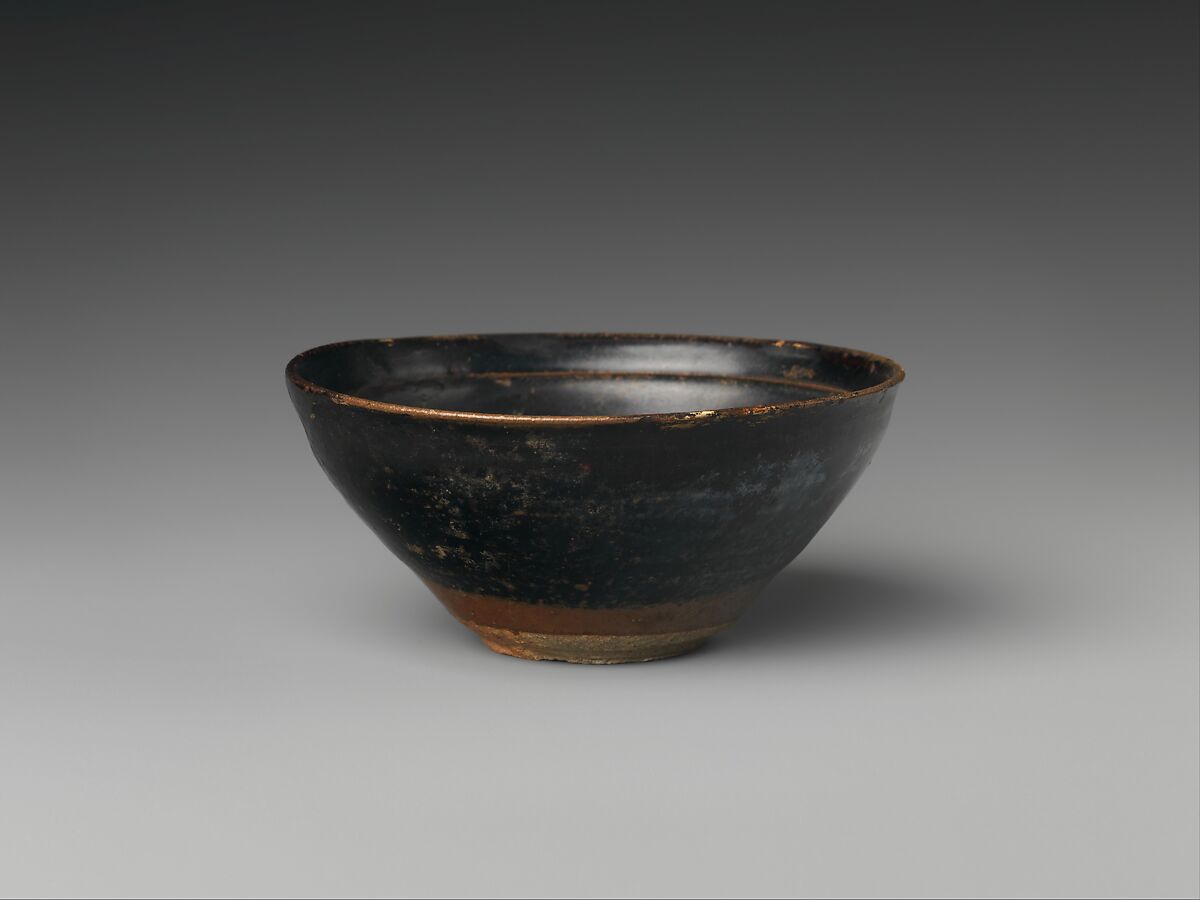 Tea Bowl with Crescent Moon, Clouds, and Blossoming Plum, Stoneware with black and brown glaze and pigment (Jizhou ware), China