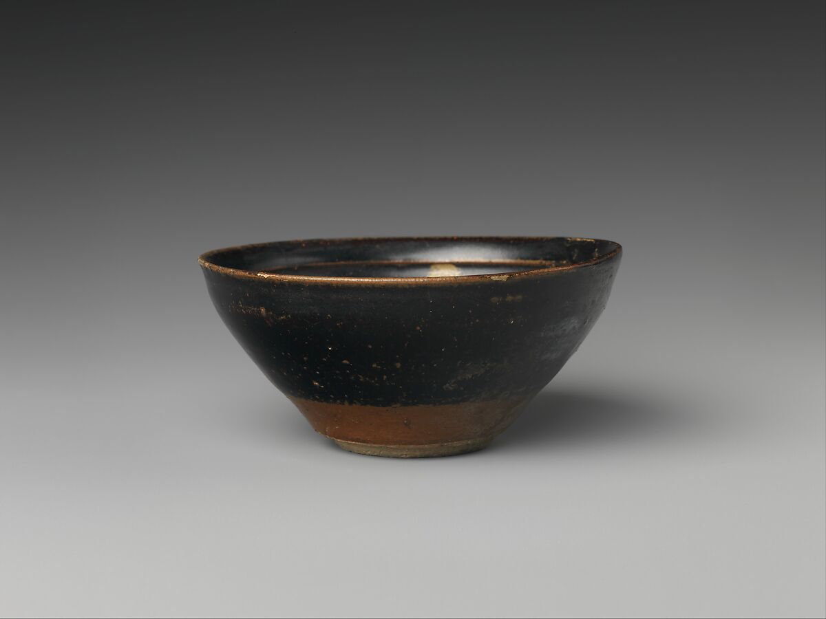 Tea Bowl with Crescent Moon, Clouds, and Blossoming Plum, Stoneware with black and brown glaze and pigment (Jizhou ware), China