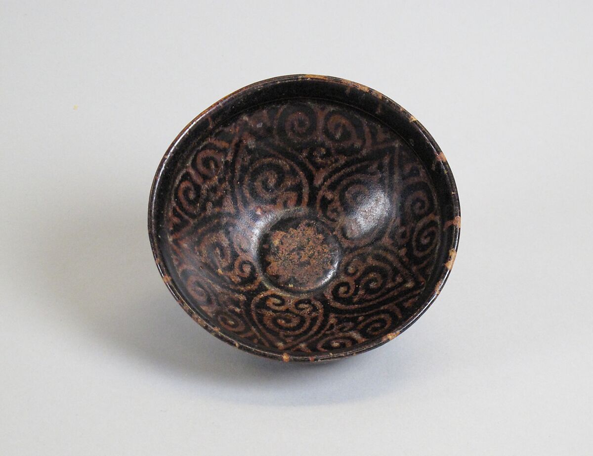 Tea Bowl with Abstract Scroll Design, Stoneware with painted decoration on brown glaze (Jizhou ware), China