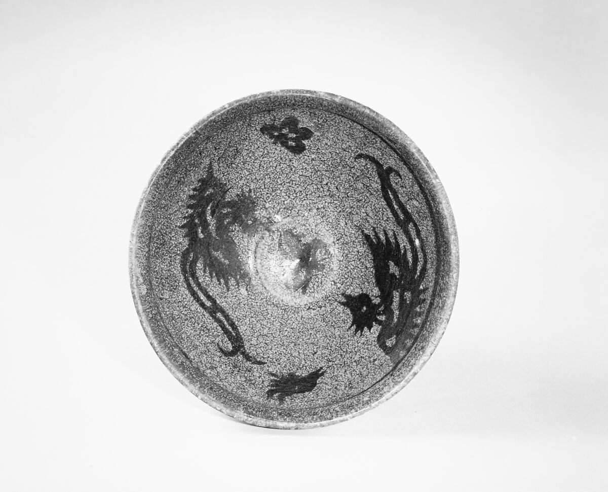 Bowl, Stoneware with dark reserve designs on lighter variegated field; tortoiseshell glaze on reverse (Jizhou ware), China
