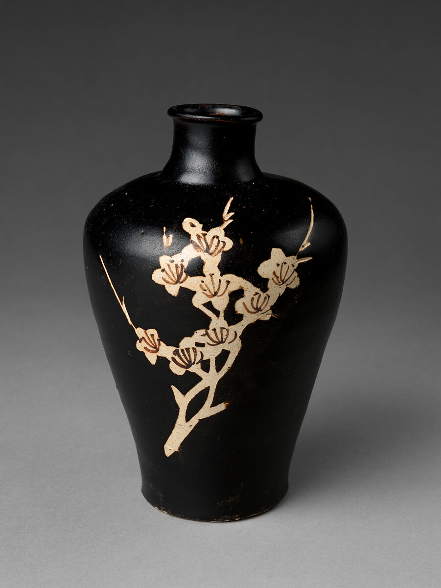 Vase with Flowering Plum, Stoneware with reserved, carved, and painted decoration on brown glaze (Jizhou ware), China 