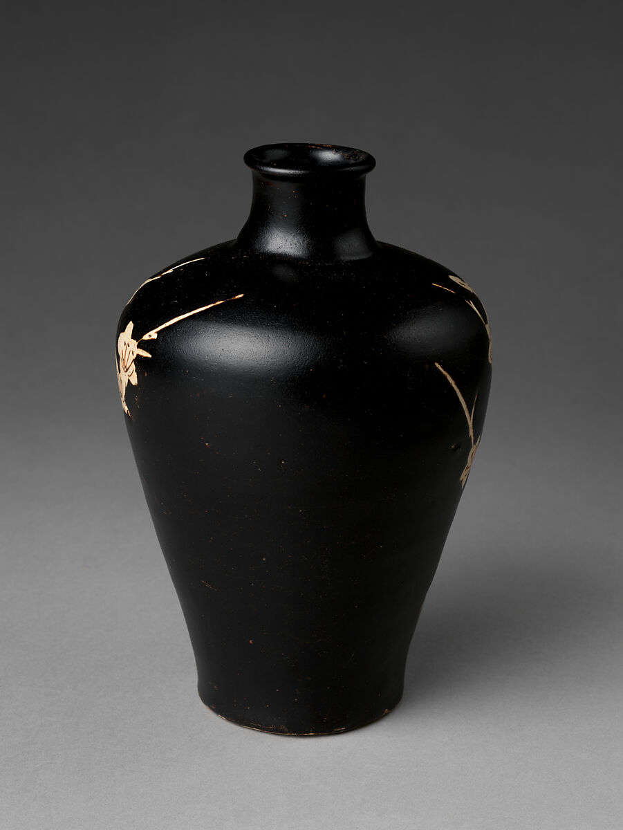Vase with Flowering Plum, Stoneware with reserved, carved, and painted decoration on brown glaze (Jizhou ware), China