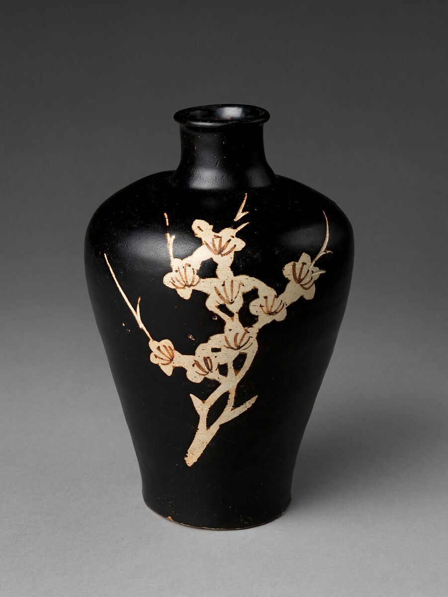 Vase with Flowering Plum, Stoneware with reserved, carved, and painted decoration on brown glaze (Jizhou ware), China