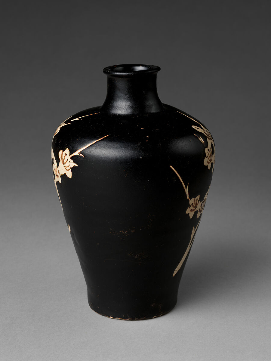 Vase with Flowering Plum, Stoneware with reserved, carved, and painted decoration on brown glaze (Jizhou ware), China