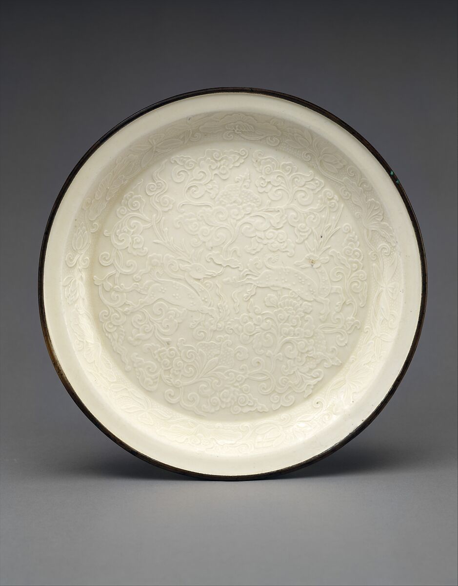 Plate with two deer amid flowers, Porcelain with mold-impressed decoration under ivory white glaze (Ding ware), China