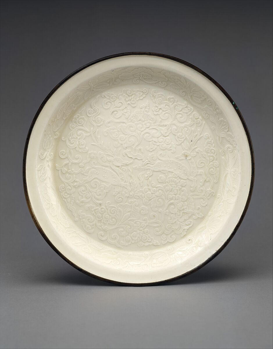 Plate with two deer amid flowers, Porcelain with mold-impressed decoration under ivory white glaze (Ding ware), China 