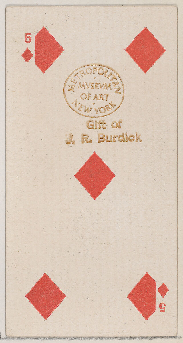 Five Diamonds (red), from the Playing Cards series (N84) for Duke brand cigarettes, Issued by W. Duke, Sons &amp; Co. (New York and Durham, N.C.), Commercial color lithograph 